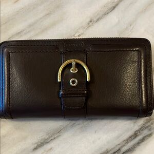 Coach Dark Brown Leather Wallet with Gold Accent